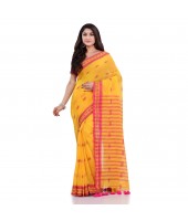 DESH BIDESH Women`s Traditional Bengali Tant Handloom Cotton Saree Galaxi Design With Blouse Piece(Yellow)